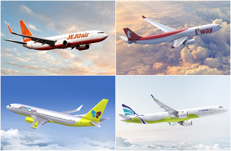 국내 주요 저비용항공사들이 지난해 역대 최대 매출을 경신했다. 다만 외부적인 요인으로 인해 비용 지출이 늘어 수익성 지표인 영업이익은 감소한 모습이다. 사진은 제주항공·티웨이항공·진에어·에어부산 항공기. / LCC 업계 각 사