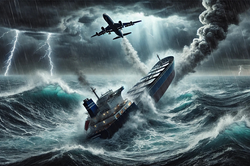 최근 몇 년 새 크고 작은 항공·해양재난이 발생하고 있다. 전문가들은 이 같은 문제의 원인이 ‘기후변화’일 가능성이 높다고 추정한다./ 사진=생성형 AI로 제작한 이미지, 편집=박설민 기자