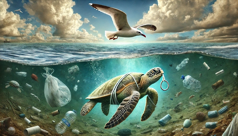 생명의 보고인 바다가 몸살을 앓고 있다. 매년 수억 톤씩 바다로 쏟아지는 ‘해양쓰레기’ 때문이다. 플라스틱부터 비닐, 금속 등 종류도 여러 가지다. 이로 인해 해양 생태계가 무너지고 어업과 관광산업까지 직격탄을 맞고 있다./ 생성형 AI로 제작한 이미지