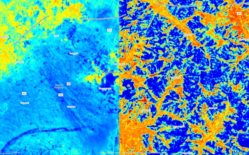 센티넬2 위성으로 의성군 안계면 토양의 수분지수 비교한 결과. 2024년 3월(좌측) 대비 2025년 3월(우측)이 더 건조한 것으로 나타났다./ 텔레픽스