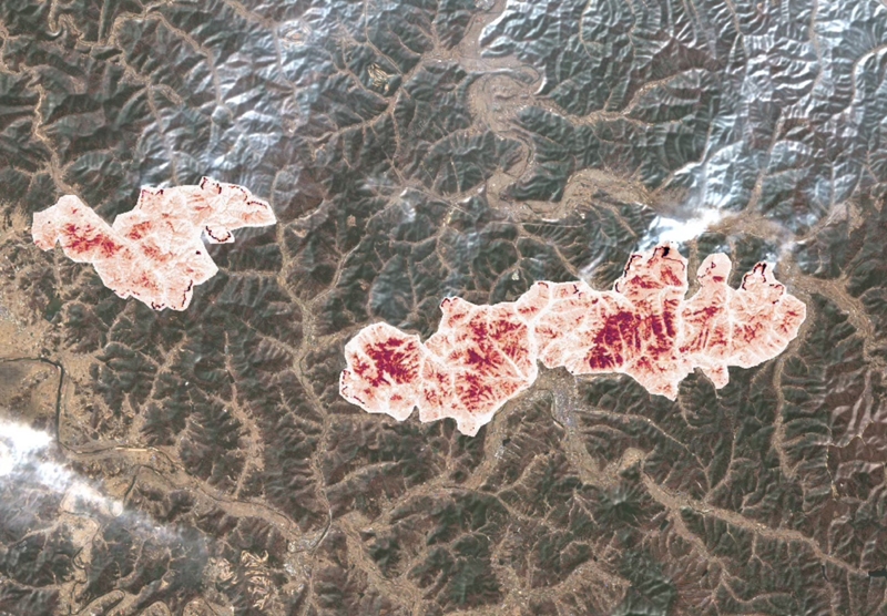 22일 천리안 환경위성(GEMS) 통해 확인한 자외선 에어로졸 지수. 대형 산불이 난 지역이 붉은색으로 확인된다./ 텔레픽스