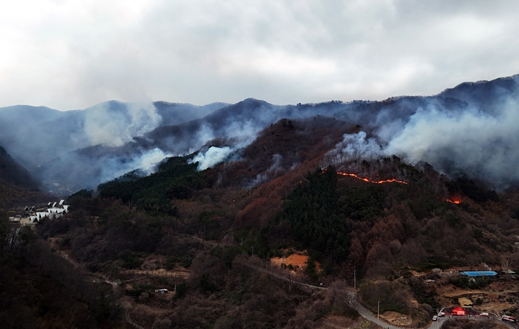 여야가 대규모 산불 피해를 위해 사용할 예비비를 두고 충돌했다. 사진은 지난 27일 오후 지리산국립공원과 맞닿은 경남 산청군 구곡산에 난 산불이 마을쪽으로 향하고 있는 모습. / 뉴시스