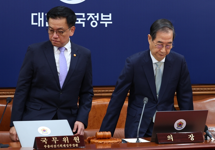 한덕수 대통령 권한대행 국무총리와 최상목 경제부총리 겸 기획재정부 장관이 1일 정부서울청사에서 열린 국무회의에 참석하고 있다. / 뉴시스