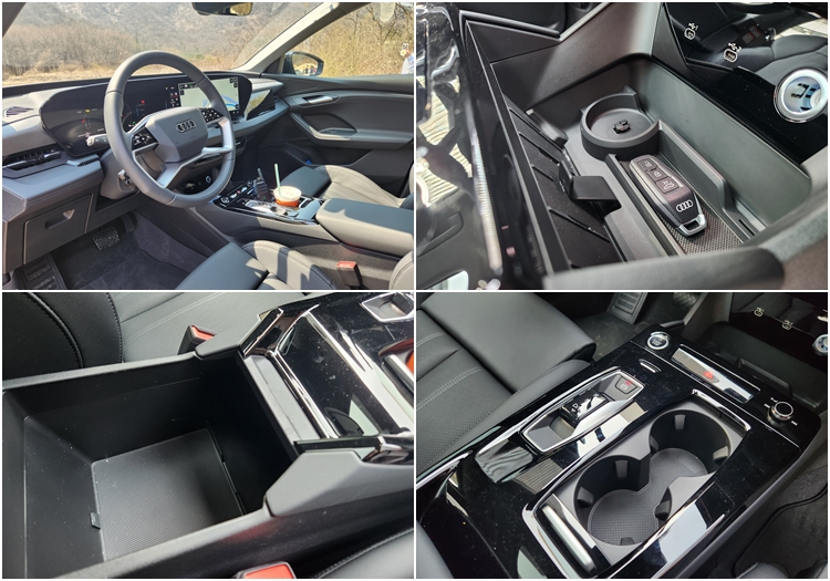 더 뉴 아우디 Q6 e-트론 1열 실내 주요 수납함. 오른쪽 위 차키가 놓인 위치 왼쪽에 설치된 무선충전패드는 스마트폰 충전은 잘 되지만 스마트폰을 확인하려면 매번 휴대폰을 빼고 다시 끼워야 해 불편함이 있다. 콘솔박스 수납 공간은 약간 작게 느껴진다. / 원주=제갈민 기자