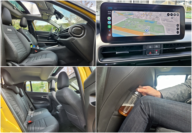 지프 어벤저 1열 및 2열. 센터페시아의 메인 디스플레이는 가로로 긴 형태로 설계됐고 대시보드 중앙에 위치하는데, 운전석 기준 화면이 약간 동승석 쪽으로 기운 듯한 느낌이다. / 제갈민 기자