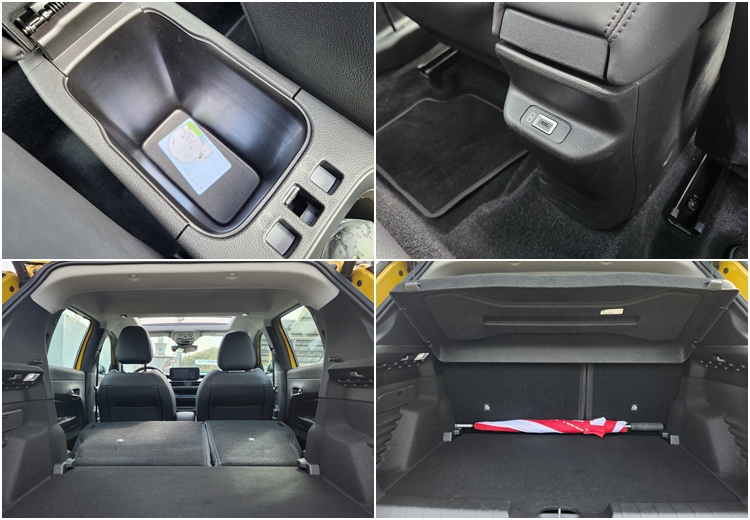 지프 어벤저 1열 콘솔박스 및 콘솔박스 후면 C타입 충전 포트와 트렁크 공간. 트렁크 내부 좌우 너비는 장우산 하나 정도 공간이며, 2열은 6대 4 비율로 나눠 접을 수 있다. / 제갈민 기자