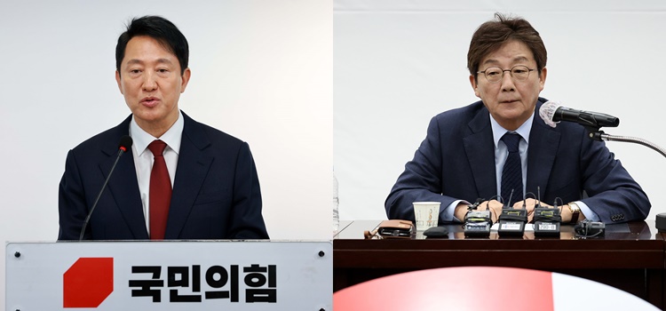 오세훈 서울시장(왼쪽)이 지난 12일 서울 영등포구 국민의힘 중앙당사에서 제21대 대통령 선거 불출마 선언 긴급 기자회견을 하고 있다.  유승민 전 국민의힘 의원(오른쪽)이 지난 3월 18일 대구 수성구 국민의힘 대구시당에서 지역 기자들과 간담회를 갖고 있다.