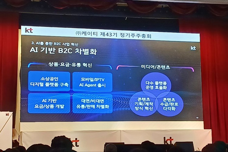 KT는 마이크로소프트(MS)와 협력해 IPTV 플랫폼 지니 TV에 미디어 AI 에이전트를 상반기부터 단계적으로 탑재할 계획이다. 사진은 지난달 KT 주주총회 모습. / 조윤찬 기자