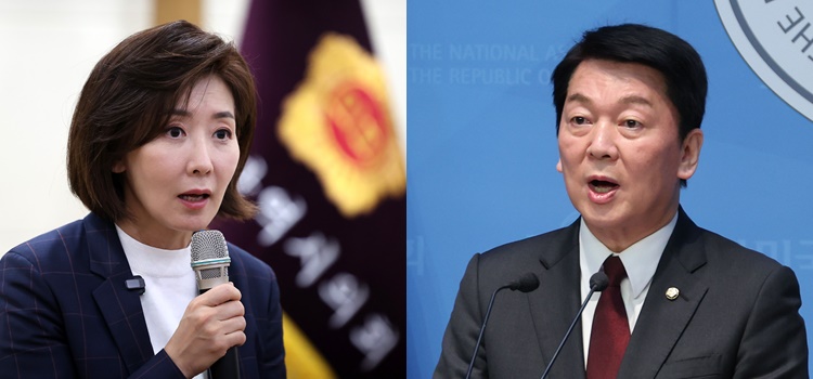 나경원(왼쪽) 국민의힘 경선 후보가 21일 대구 중구 대구시의회 회의장에서 기자들과 간담회를 갖고 있다. 안철수(오른쪽) 국민의힘 경선 후보가 지난 20일 서울 여의도 국회 소통관에서 열린 현안 관련 기자회견에서 발언하고 있다. /뉴시스