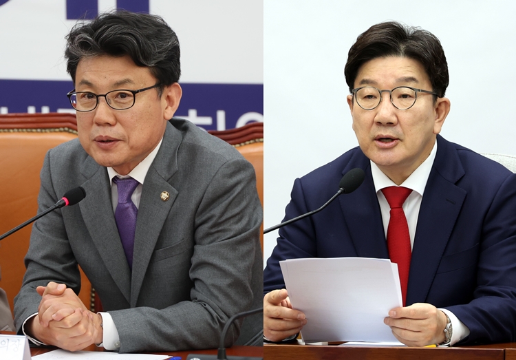 진성준 더불어민주당 정책위의장이 한덕수 대통령 권한대행 겸 국무총리에 대한 탄핵소추를 추진하자고 공개 제안하자, 권성동 국민의힘 원내대표가 "자신 있으면 하길 바란다"고 받아쳤다. 왼쪽부터 진 정책위의장과 권 원내대표 사진. / 뉴시스