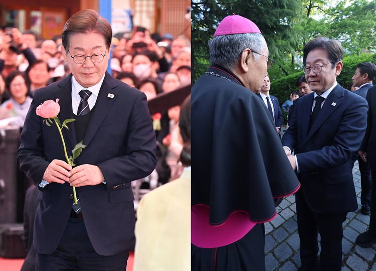 이재명 더불어민주당 대선 후보가 종교계 표심을 공략하기 위한 행보를 이어가는 모습이다. 왼쪽 사진은 이 후보가 지난 5일 서울 종로구 조계사에서 열린 부처님오신날 봉축법요식 육법공양에서 헌화를 위해 이동하고 있는 모습이고, 오른쪽 사진은 이 후보가 지난달 23일 서울 명동대성당 지하성당에 마련된 프란치스코 교황 분향소에 조문한 후 구요비 천주교 서울대교 총대리와 인사를 하고 있는 모습. / 뉴시스