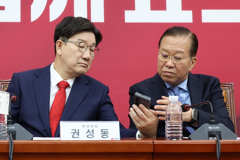 권영세(오른쪽) 국민의힘 비대위원장과 권성동 원내대표가 8일 오전 서울 여의도 국회에서 열린 비상대책위원회의에서 휴대전화를 보고 있는 모습이다. / 뉴시스