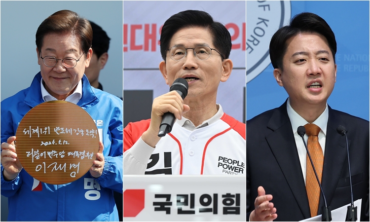 6·3 대통령 선거 레이스가 본격화한 가운데, 각 당 후보들이 ‘10대 공약’을 공개했다. 사진은 왼쪽부터 이재명 더불어민주당 후보, 김문수 국민의힘 후보, 이준석 개혁신당 후보. / 뉴시스