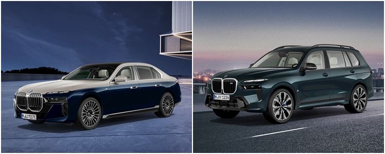 BMW코리아는 창립 30주년 기념 6월 온라인 한정판 모델 4종을 출시한다. 사진은 △BMW 750e x드라이브 M스포츠 인디비주얼 투톤 미드나잇 사파이어 에디션(왼쪽) △BMW X7 M60i x드라이브 인디비주얼 패트롤 미카 에디션(오른쪽). / BMW코리아