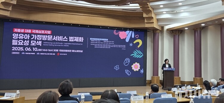 10일 진행된 '영유아 가정방문서비스 법제화 필요성 모색' 국제심포지엄에서 발표하고 있는 알버니 뉴욕주립대학교 이은주 사회복지학과 교수의 모습. / 사진=이민지 기자