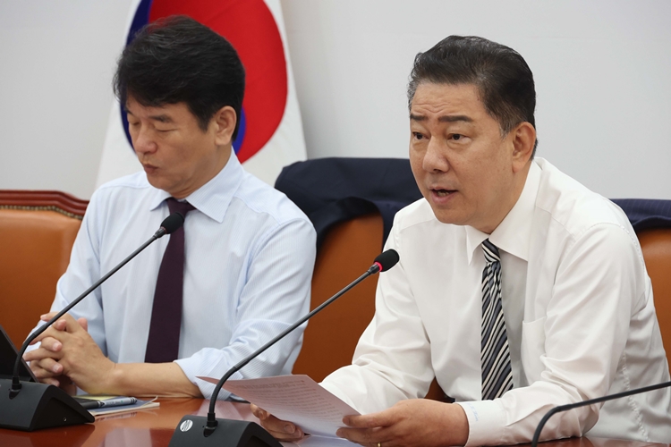 김병기 더불어민주당 당대표 직무대행 겸 원내대표가 17일 오전 국회에서 열린 원내대책회의에서 발언을 하고 있다. / 뉴시스