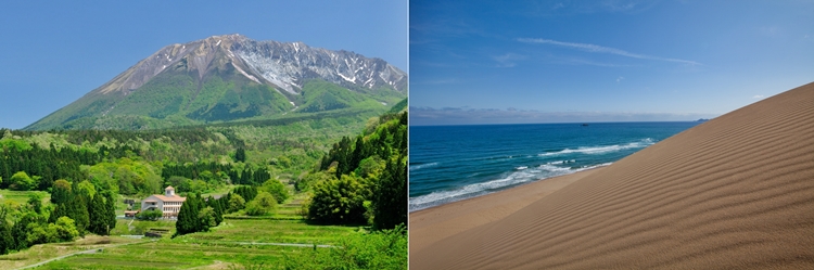 에어서울 단독 취항 일본 소도시 돗토리현 요나고는 자연경관이 잘 보존된 지역으로 평가된다. 사진은 돗토리현 다이센야마(왼쪽)와 돗토리현 해안 사구(오른쪽). / 돗토리현 관광교류국, 에어서울