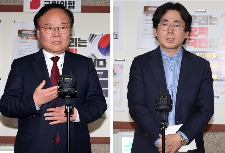김문수 전 국민의힘 대선후보 측 김재원(왼쪽사진) 전 비서실장과 당시 대선 예비후보였던 한덕수 전 국무총리 측 윤기찬 정책대변인이 지난 10일 오후 서울 여의도 국회에서 '김문수-한덕수 대선후보 측 단일화 협상'을 마치고 취재진의 질문에 답변을 하고 있다. /뉴시스