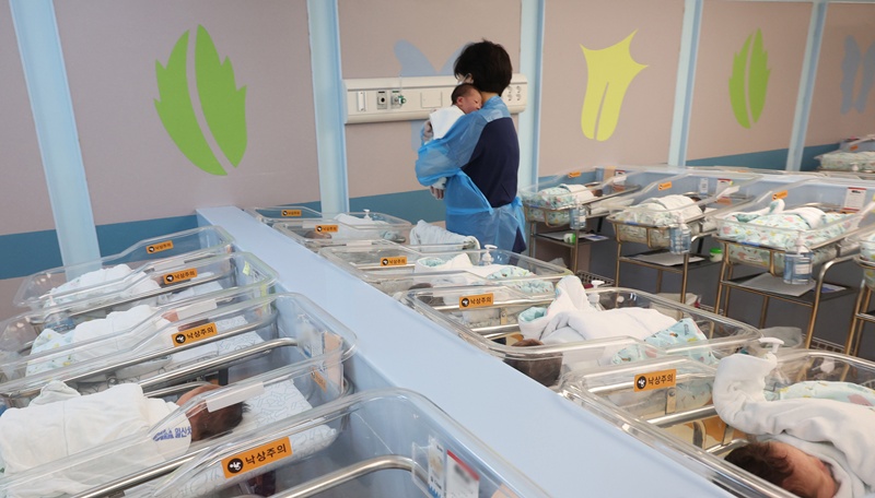 지난 4월 기준 우리나라 출생아 수는 전년 동월 대비 8.7% 증가한 2만717명을 기록했고, 이는 1991년 이후 34년 만에 가장 높은 증가율이다. 사진은 지난 5월 경기도 고양시 CHA의과학대학교 일산차병원 신생아실에서 간호사가 신생아들을 돌보고 있는 모습이다. / 뉴시스