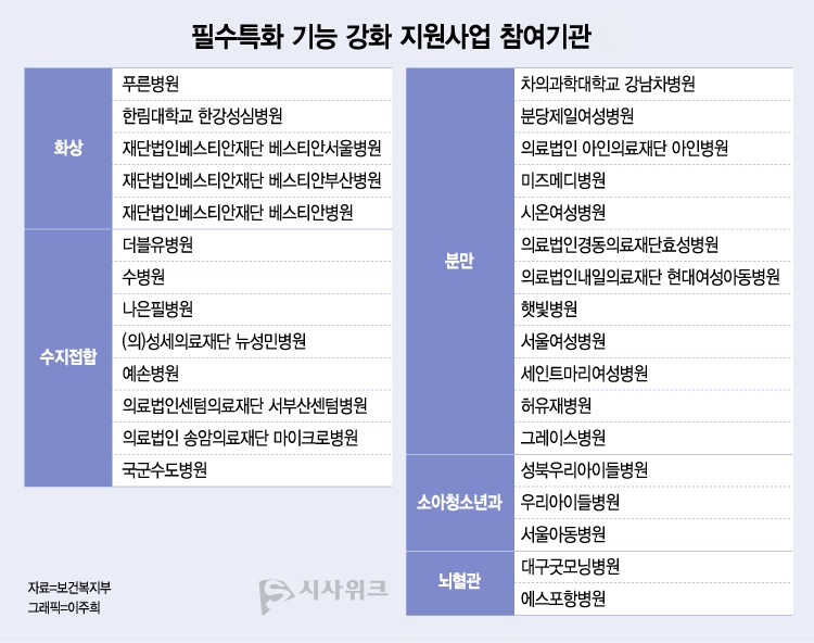 보건복지부는 지난 6월 5일부터 6월 20일까지 신청접수를 받고 선정기준 충족여부 등의 심사를 거쳐 △화상 5개소 △수지접합 8개소 △분만‧소아 15개소 △뇌혈관 2개소 총 30개소를 선정했다. / 그래픽=이주희 디자이너