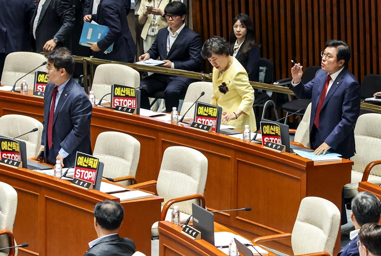 박형수(오른쪽) 국회 예결위 국민의힘 간사가 30일 국회에서 열린 예산결산특별위원회 전체회의에서 정회를 요구하고 있다. / 뉴시스