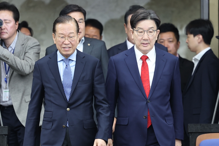 권영세 전 국민의힘 비상대책위원장과 권성동 전 원내대표가 지난 5월 8일 서울 여의도 국회에서 열린 의원총회에 참석하고 있다. /뉴시스