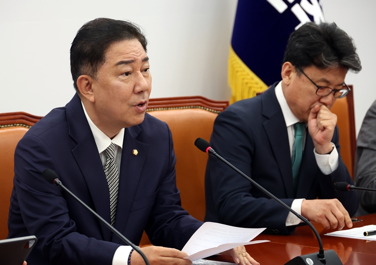 김병기 더불어민주당 당대표 직무대행 겸 원내대표가 17일 오전 국회에서 열린 정책조정위원회 회의에서 발언을 하고 있다. / 뉴시스