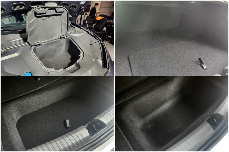 BYD 씰 AWD 외부 적재 공간. 보닛을 열면 전면 적재함(프렁크)이 마련돼 있으며 덮개도 설치돼 실용성이 뛰어날 것으로 보인다. 또 트렁크는 바닥 일부분이 3단으로 구성돼 부피가 큰 짐을 싣기에 용이할 것으로 보인다. / 용인=제갈민 기자
