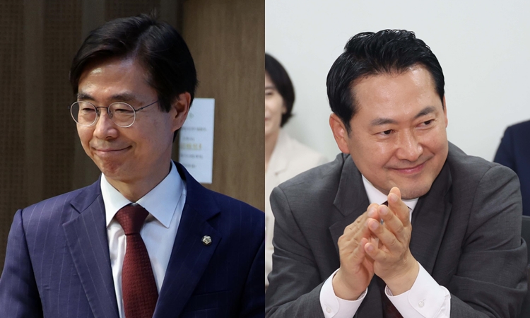 (왼쪽)조경태 국민의힘 의원이 21일 오전 서울 여의도 국회 소통관에서 당대표 출마선언 기자회견을 하기 위해 발언대로 향하고 있다. (오른쪽)장동혁 국민의힘 의원이 지난 17일 서울 여의도 국회 의원회관 간담회의실 열린 '성평등가족부 추진에 대한 헌법적, 사회문화적 쟁점과 과제' 토론회에서 박수를 치고 있다. /뉴시스