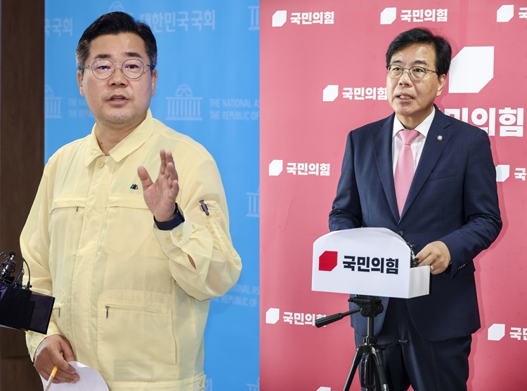 박찬대 더불어민주당 의원이 25일 윤석열 전 대통령 체포영장 집행을 막았던 국민의힘 의원 45명에 대한 국회의원 제명 촉구 결의안을 발의했다. 이에 국민의힘은 “야당을 말살하겠다는 선언”이라며 반발했다. 왼쪽 사진은 박 의원이 지난 24일 국회 소통관에서 기자회견을 마친 후 취재진의 질문에 답변하는 모습이고, 오른쪽 사진은 송언석 국민의힘 비상대책위원장 겸 원내대표가 이날 국회에서 박 의원의 제명 촉구 결의안 발의에 대한 입장발표를 하고 있는 모습. / 뉴시스