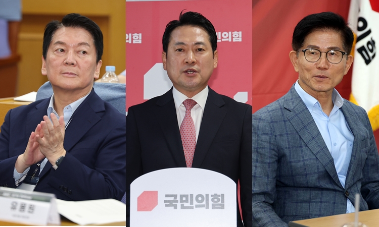 (왼쪽)국민의힘 당대표 출마를 선언한 안철수 의원이 지난 28일 오후 서울 여의도 국회 의원회관에서 열린 'AI가 바꾸는 대한민국 안보' 토론회에서 박수치고 있다. (가운데)장동혁 국회 법제사법위원회 국민의힘 간사가 지난 28일 오후 서울 여의도 국회에서 더불어민주당의 상법 개정안 강행처리 관련 입장을 밝히고 있다. (오른쪽)김문수 국민의힘 당대표 예비후보가 지난 28일 오후 서울 여의도 국민의힘 서울시당에서 열린 당원간담회에서 발언을 하고 있다. /뉴시스