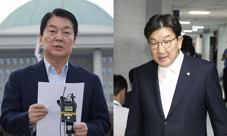 (왼쪽)안철수 국민의힘 의원이 지난 29일 오후 서울 여의도 국회에서 내란 특검 관련 및 당대표 출마 선언 기자회견을 하고 있다.  (오른쪽) 권성동 국민의힘 의원이 지난 18일 서울 여의도 국회 의원회관에서 김건희 특검의 압수수색이 진행중인 자신의 의원실로 이동하고 있다.  /뉴시스