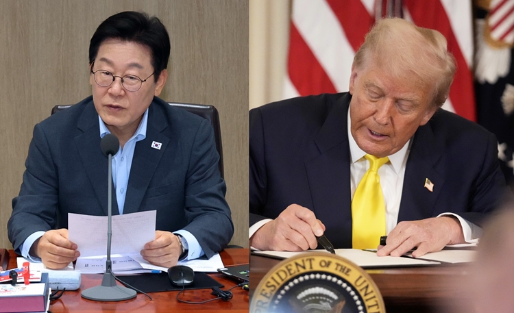 이재명 대통령과 도널드 트럼프 미국 대통령이 오는 25일 백악관에서 한미 정상회담을 개최한다. 왼쪽 사진은 이 대통령이 12일 서울 용산 대통령실 청사에서 열린 국무회의에서 발언하고 있는 모습이고, 오른쪽 사진은 트럼프 대통령이 지난 7일(현지 시간) 백악관 이스트룸에서 8월 7일을 공식 '국가 퍼플하트의 날'로 선언하는 선언문에 서명하고 있는 모습. / 뉴시스