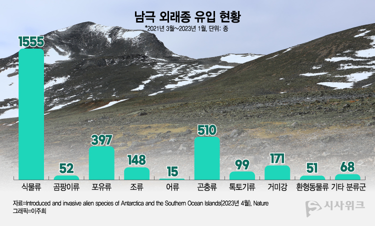 호주 모나쉬대학교 생물학과와 라트로브대학교 환경 및 유전학과 공동연구팀이 2023년 4월 국제학술지 네이처에 발표한 논문에 따르면 2021년 3월부터 2023년 1월까지 남극 대륙과 남극해 섬에서 발견된 외래종은 총 36개 서식지에서 3,066건이다. 배경사진은 남극세종과학기지 바로 옆에 위치한 '세종봉'으로, 눈이 녹아 벌거벗은 모습을 나타내고 있다.  / 그래픽=이주희 기자, 사진=남극특별취재팀