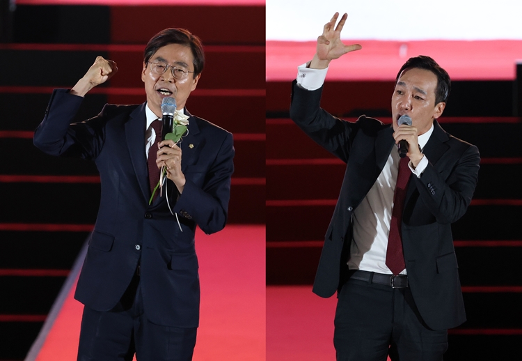 찬탄파인 조경태 국민의힘 의원은 27일 장동혁 대표를 향해 비판의 날을 세웠고, 반탄파인 김민수 최고위원은 한동훈 전 대표와 관련된 ‘당원 게시판 논란’을 다시 꺼내들었다. 왼쪽 사진은 조 의원이 당 대표 후보 당시인 지난 22일 충북 청주 오스코에서 열린 국민의힘 제6차 전당대회에서 비전발표를 하고 있는 모습이고, 오른쪽 사진은 김 최고위원이 같은 날 비전발표를 하고 있는 모습. / 뉴시스