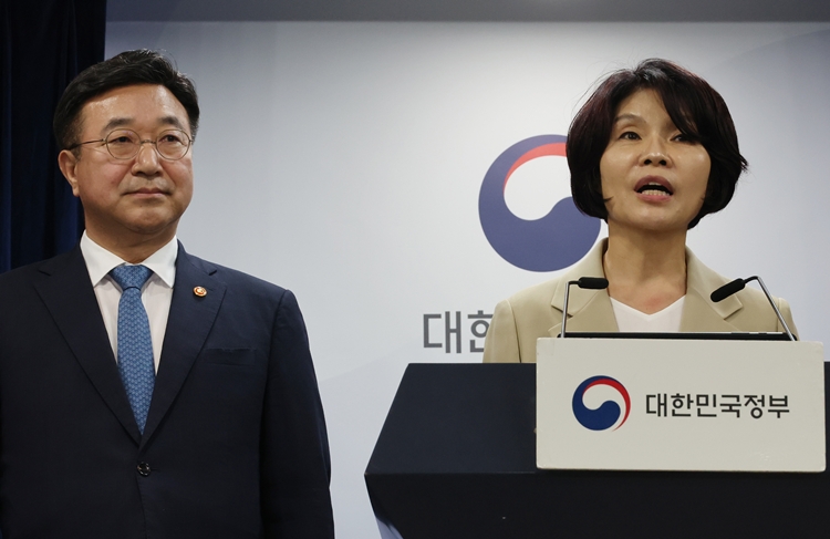 한정애 더불어민주당 정책위의장이 지난 7일 서울 종로구 정부서울청사에서 정부 조직 개편방안 등 고위당정협의회 결과 브리핑을 하고 있다. / 뉴시스