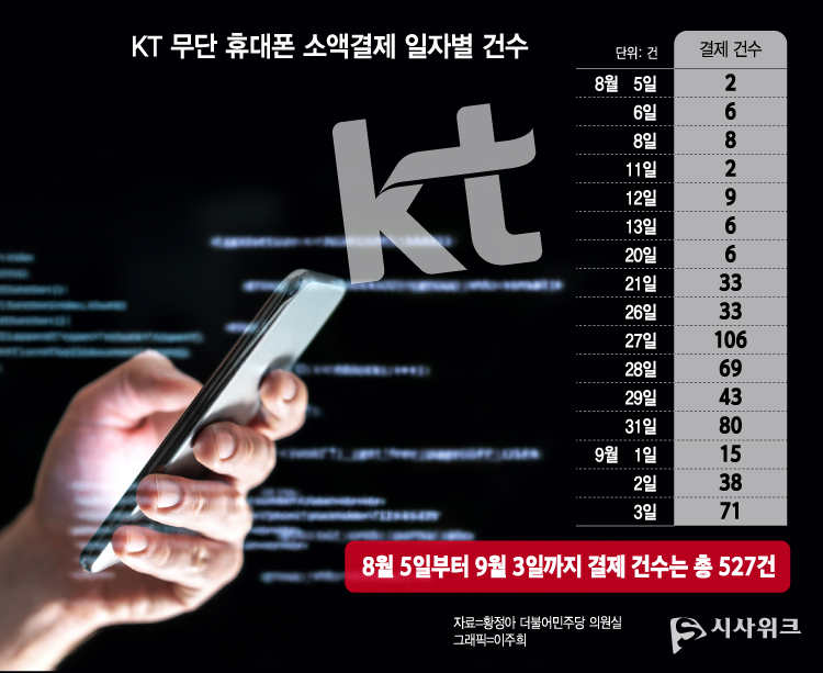 17일 황정아 더불어민주당 의원이 KT로부터 제출받아 공개한 자료에 따르면 무단 휴대폰 소액결제 피해는 8월 5일부터 한 자릿수로 조금씩 발생하고 점차 건수가 증가했다. / 그래픽=이주희 기자 