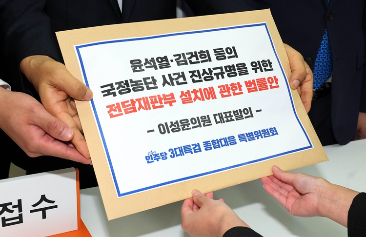 이성윤 의원 등 더불어민주당 3대특검 종합대응특위 위원들이 18일 국회 의안과에서 내란·국정농단 전담재판부 설치법을 제출하고 있다. / 뉴시스