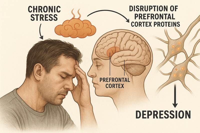  ‘기초과학연구원(IBS)’은 이창준 기억 및 교세포 연구단 연구팀이 만성 스트레스가 뇌 전전두엽에서 단백질에 붙은 당 사슬(당쇄)을 교란해 우울증을 유발하는 뇌 분자 기전을 규명했다고 2일 밝혔다. 이번 연구는 이창준 단장, 이보영 연구위원 연구팀이 공동 진행했다./ 생성형 AI로 제작한 이미지