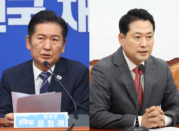 여야가 추석 연휴를 하루 앞두고 여론전에 힘을 주는 모습이다. 왼쪽 사진은 정청래 더불어민주당 대표가 지난달 29일 국회에서 열린 최고위원회의에서 발언하고 있는 모습이고, 오른쪽 사진은 장동혁 국민의힘 대표가 2일 국회에서 열린 현안 관련 기자간담회에서 발언을 하고 있는 모습이다. / 뉴시스