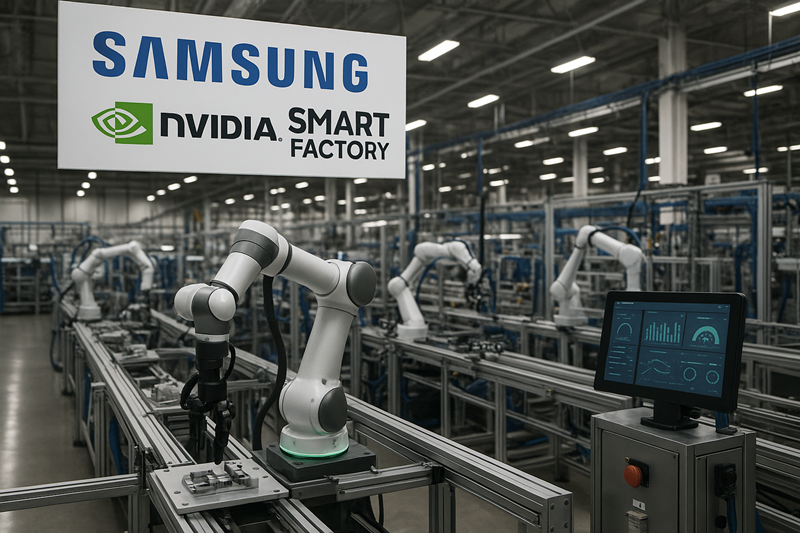 삼성전자는 31일 엔비디아와의 전략적 협력을 통해 반도체 제조의 새로운 패러다임을 제시할 '반도체 AI 팩토리'를 구축한다고 밝혔다. 양 사는 종합반도체 기업으로서의 역량과 GPU 기반 AI 기술의 시너지를 통해 반도체를 비롯한 글로벌 제조 산업의 패러다임 전환을 주도해 나간다는 목표다./ 생성형 AI로 제작한 이미지