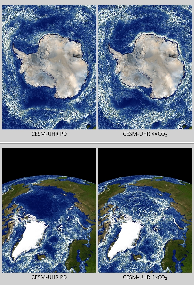 (위쪽부터) 남극해와 북극해의 중규모 수평 교란 시뮬레이션 사진. 극지의 해빙이 가속화됐을 때 전체적으로 해류가 불안정해짐을 사진을 통해서도 확인 가능하다./ 기초과학연구원