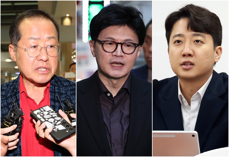 국민의힘의 전열이 흔들리는 사이, 보수 외곽 주자들은 정치적 공간을 넓히려는 움직임을 본격화하고 있다. 사진은 왼쪽부터 홍준표 전 대구시장, 한동훈 전 법무부 장관, 이준석 개혁신당 의원. / 뉴시스