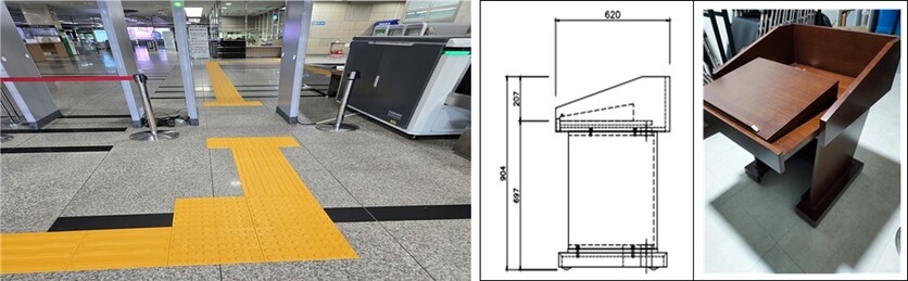 사진은 국회 경내 장애인 편의시설 개선 모습. (사진 좌로부터) 본관 출입구∼안내데스크 유도블록 설치, 의원회관 회의장 강연대 휠체어 이용자 사용./ 서미화 의원실 제공 