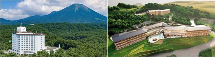 돗토리현에는 지난해부터 양질의 숙박시설이 차례로 들어서고 있다. 사진은 머큐어 돗토리 다이센 리조트&스파(왼쪽), 메리어트 럭셔리 컬렉션 돗토리 사구 호텔 조감도(오른쪽). / 에어서울·돗토리현 한국 사무소