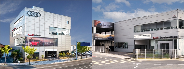 아우디 부울경 딜러사 아이언오토가 올해 아우디 네트워크 확장에 속도를 내고 있다. 사진은 아이언오토가 올해 새롭게 오픈한 아우디 울산 전시장·서비스센터(왼쪽)와 아우디 부산 민락 서비스센터(오른쪽). / 아우디 코리아