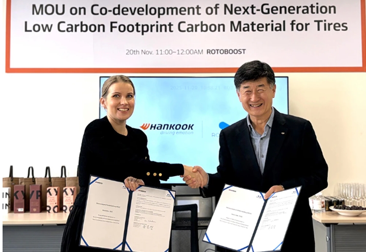 한국타이어앤테크놀로지가 메탄 가스 열촉매 분해 혁신 기업 ‘로토부스트(ROTOBOOST)’와 ‘청록수소 카본블랙 공동 개발에 관한 업무협약(MOU)’을 체결했다. / 한국타이어앤테크놀로지