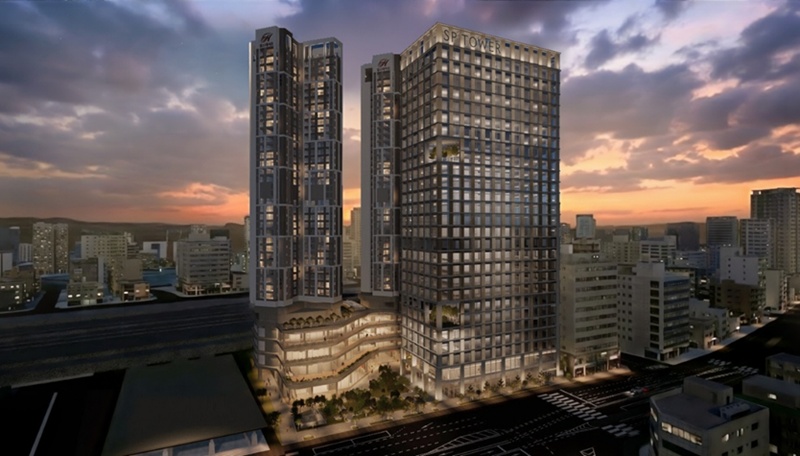 서울 은평구 증산동 일대에 조성 중인 수색 프로젝트 조감도. 앞쪽에는 삼표그룹의 신사옥 ‘SP Tower’가 자리하고 있으며, 뒤편으로는 힐스테이트 DMC가 배경을 이루고 있다. / 삼표그룹