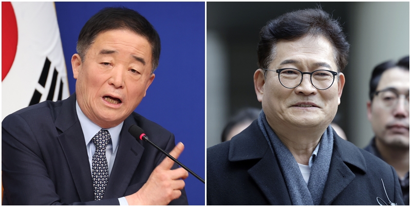 강득구 더불어민주당 최고위원이 4일 조국혁신당(혁신당)과의 합당 추진에 대해 ‘지방선거 후 혁신당·소나무당 합당 추진’을 제안했다. 이에 송영길 소나무당 대표는 즉각 환영 입장을 밝혔다. 왼쪽 사진은 강 최고위원, 오른쪽 사진은 송 대표의 모습. / 뉴시스