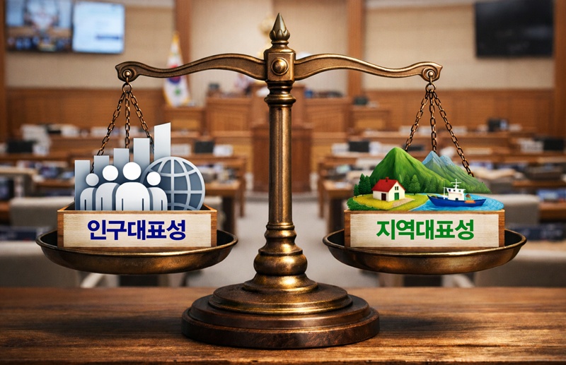지난해 10월 헌법재판소가 지방의회 선거구의 인구편차가 허용 기준을 넘었다며 헌법불합치 결정을 내리면서, 인구대표성과 지역대표성의 충돌이 올해 6·3 지방선거의 핵심 쟁점으로 떠오르고 있다. / 생성형 AI로 제작한 이미지